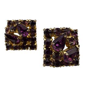 Vintage Womens Gold Tone Brass Screw-Back Earrings With Purple Rhinestones